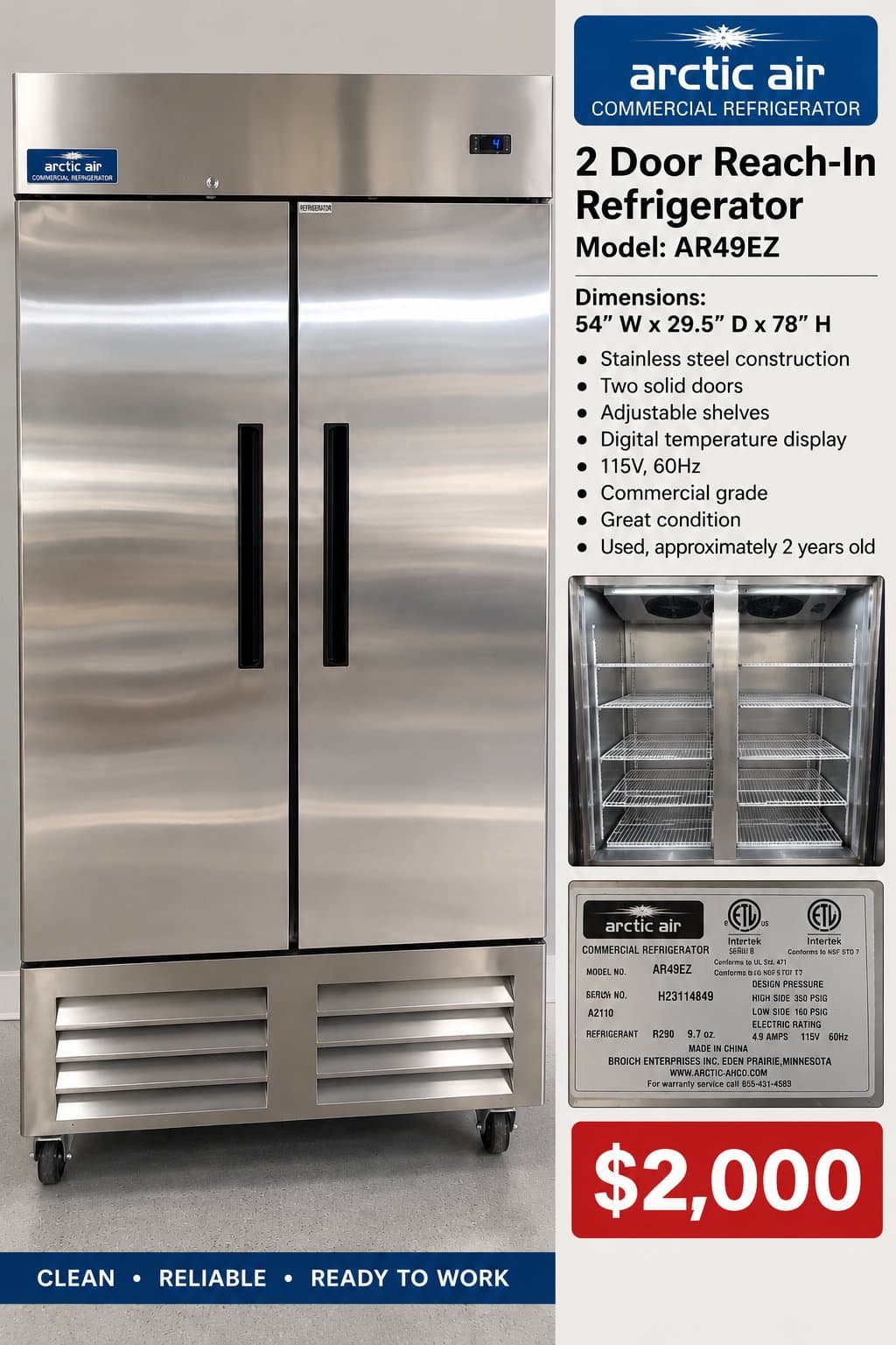 Arctic Air AR49EZ 2-Door Reach-In Refrigerator