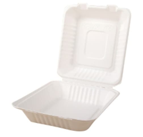 8" x 8" White Bagasse Clamshell (1-Compartment)